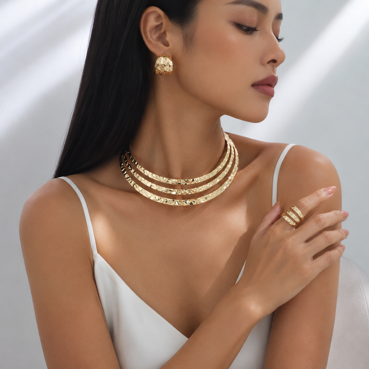 Trendy Openwork Layered Choker, Ring & Ear Studs Set – Vintage Elegant Jewelry