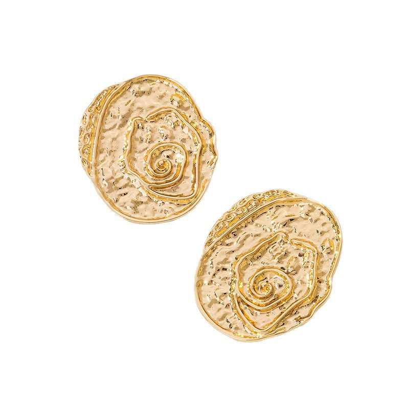 Trendy Geometric Disc Rose Motif Ear Studs – Niche Design Statement Earrings for Women