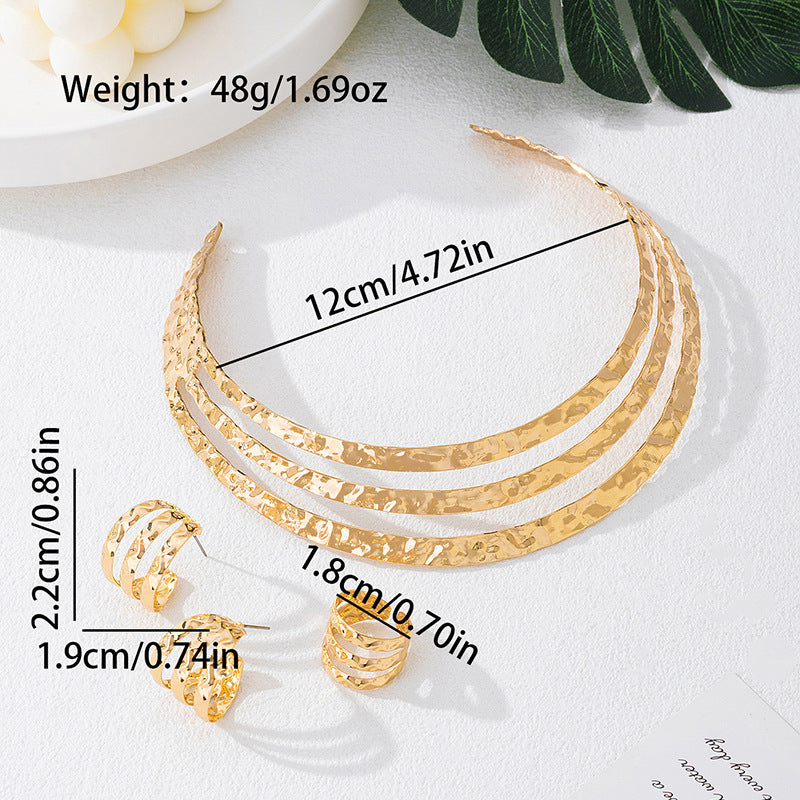 Trendy Openwork Layered Choker, Ring & Ear Studs Set – Vintage Elegant Jewelry