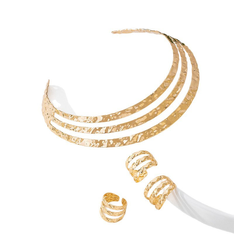 Trendy Openwork Layered Choker, Ring & Ear Studs Set – Vintage Elegant Jewelry